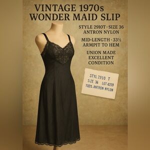 1970s Wonder Maid Full Slip Black Lace Size 36